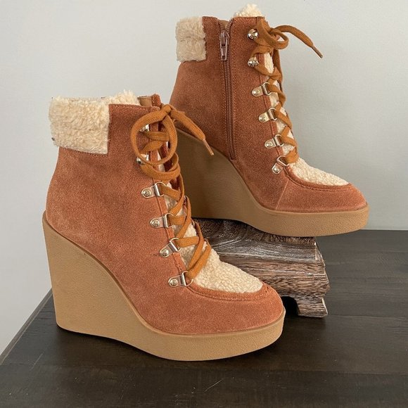 JESSICA Simpson Maelyn Lace-Up Suede Sherpa Platform Wedge Hiker Boots 6.5 - Picture 4 of 13